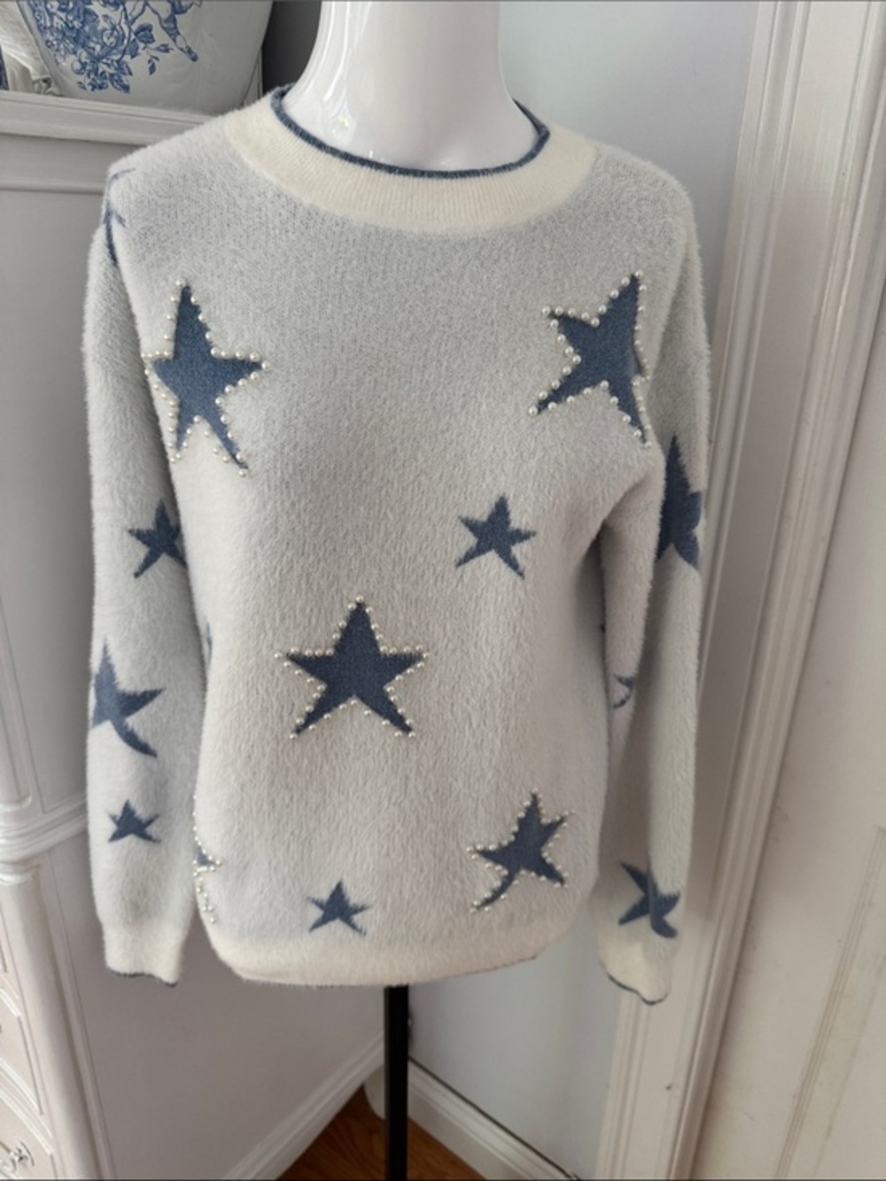 Nanette Lepore Cream Sweater with Blue Star Appliqués